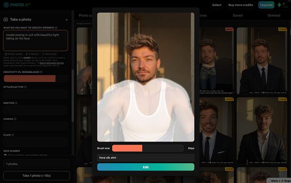 The image displays a user interface for a photo editing tool featuring a model in a tank top with a focus on inpainting.
