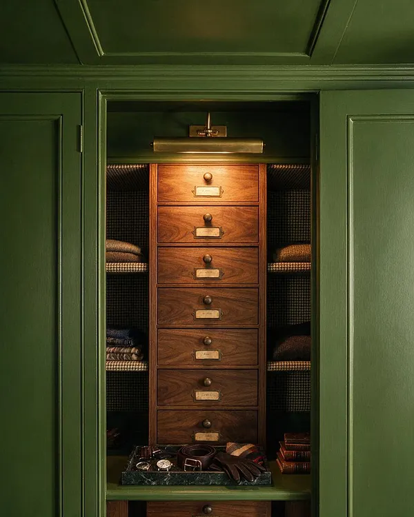 A dark academia closet with deep green paneled walls framing a built-in walnut drawer tower. Brass hardware, folded knitwear, patterned shelves, and a tray with leather accessories and watches create a refined, scholarly feel.