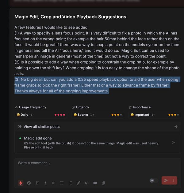 The image displays a task interface with suggestions for improving a photo editing tool.