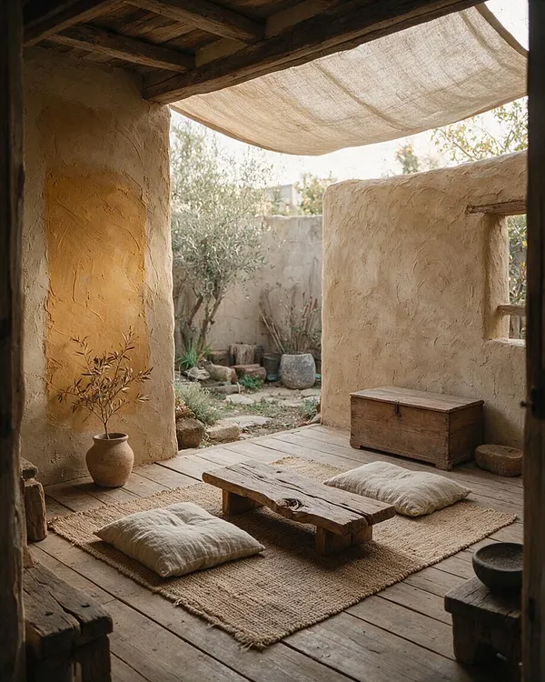 A serene backyard seating area with rough plaster walls, weathered wood flooring, and a simple fabric canopy overhead. A low reclaimed wood table sits on a woven rug with floor cushions, surrounded by clay pottery, a wooden chest, and an olive tree in the background.