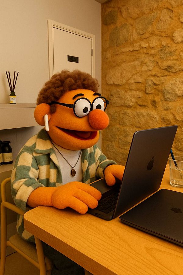 A puppet character is working on a laptop at a wooden table in a cozy room.