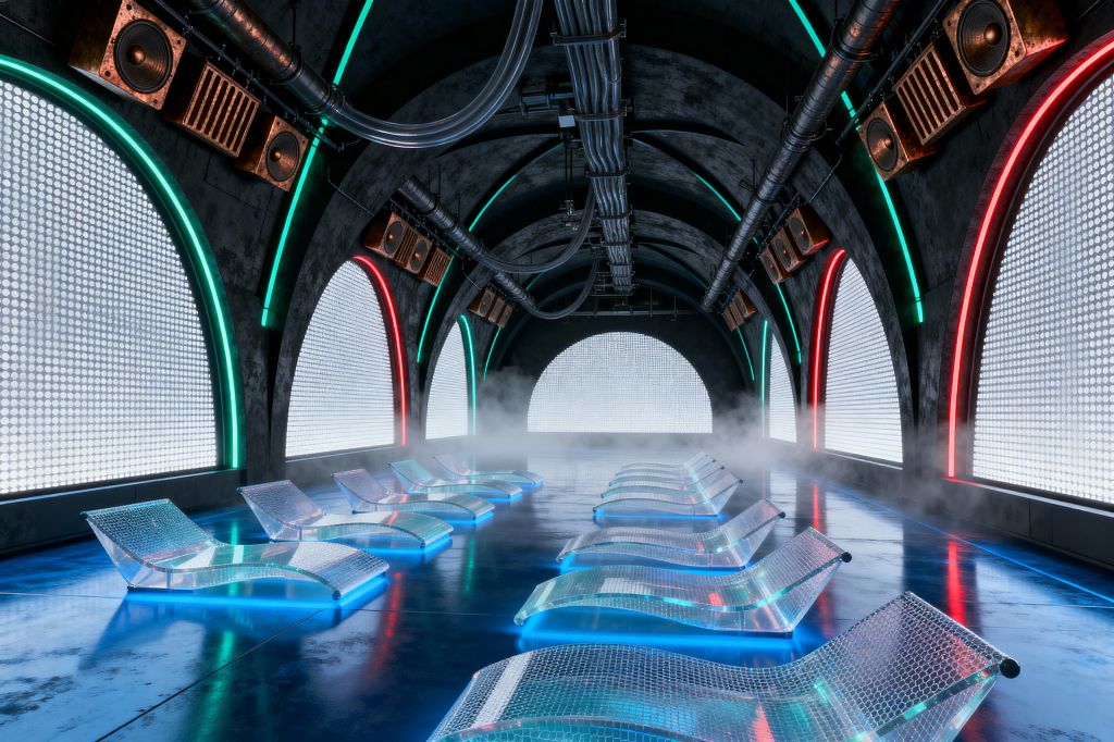 A long, arched media room features two rows of transparent, mesh-pattern chaise loungers glowing with blue LED underlighting on a glossy floor. Tall arched wall openings are filled with bright, cool-white perforated light panels edged in cyan and red neon, while exposed galvanized ducts and weathered copper speaker boxes line the vaulted ceiling; low fog gathers near a giant backlit screen at the far end, reflecting across the polished surface.