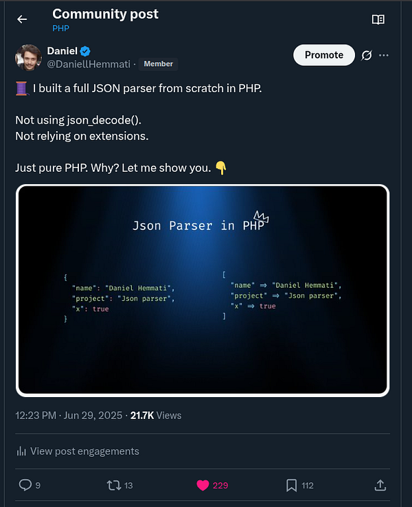 The image features a community post about a JSON parser created in PHP, showcasing code snippets on a dark background.