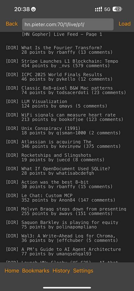 The image displays a Gopher protocol interface showing a live feed of Hacker News posts.