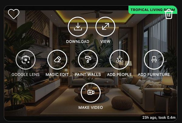 The image displays a user interface for an interior design application featuring various editing options for a tropical living room scene.