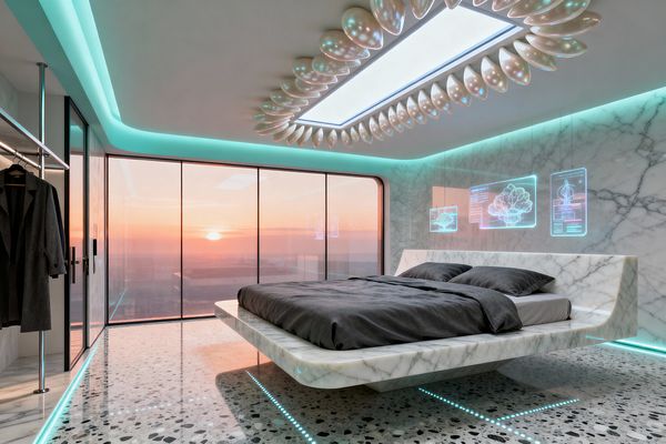 A sleek bedroom features a floating white marble platform bed with charcoal linens above terrazzo flooring inset with aqua LED strips. Marble slab walls and a sculptural ceiling panel ringed by turquoise cove lighting create a soft, futuristic glow. Floor-to-ceiling glass sliders open to a sunset view, while holographic-style wall screens hover beside a minimal open wardrobe with black metal rails.