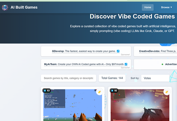 The image displays a webpage dedicated to AI-built games, featuring a collection of games and promotional content.