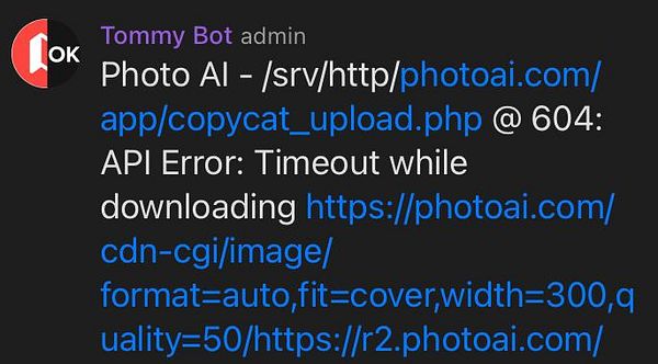 A screenshot of an error message related to a timeout issue in the Photo AI application.