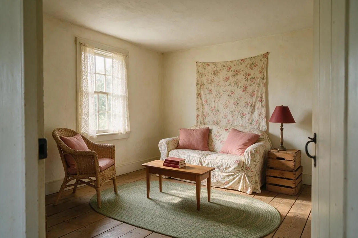 A cozy cottagecore living room with cream walls, a floral-draped loveseat, a wicker armchair, and a small wooden coffee table on a pale green oval rug. Soft daylight enters through a lace-curtained window, and a red-shaded table lamp sits on stacked wooden crates beside the sofa.