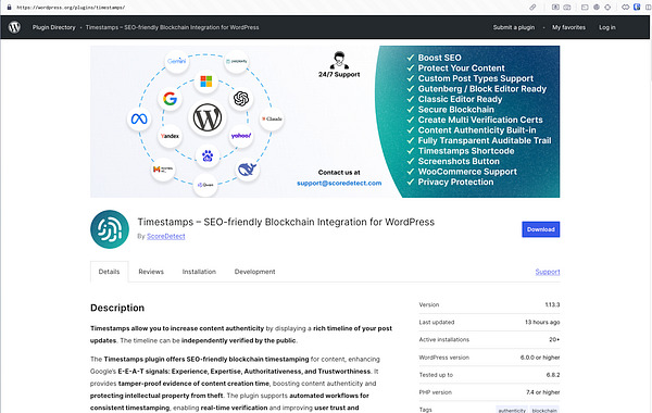The image displays the WordPress plugin page for the Timestamps plugin, version 1.13.3, by ScoreDetect.