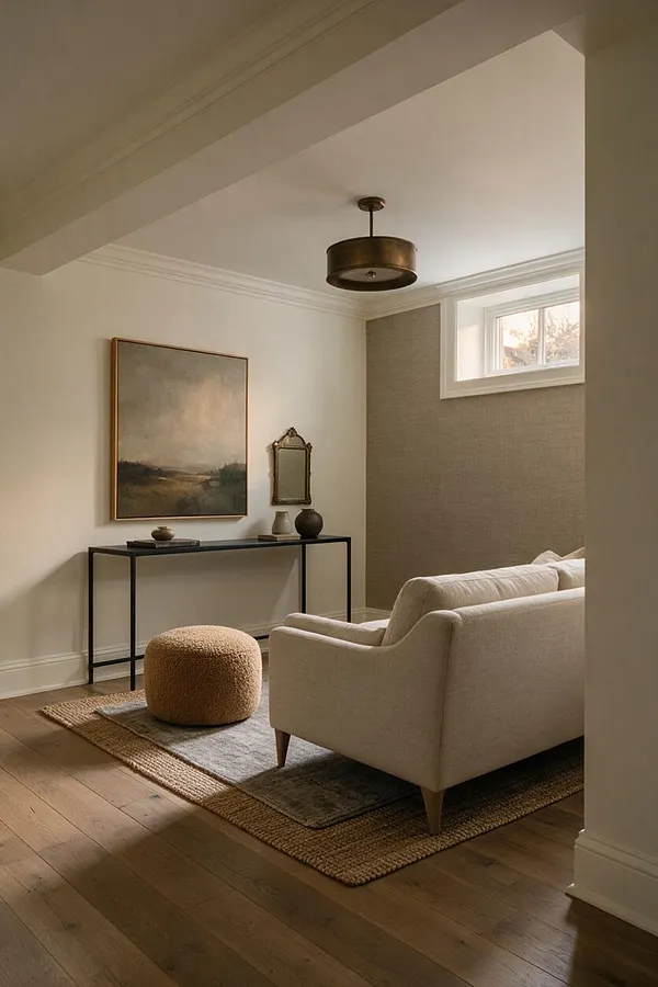 A cozy transitional basement sitting area with light hardwood floors, cream walls, and a textured taupe accent wall. A beige upholstered armchair and round boucle ottoman sit on layered neutral rugs, while a slim black console table holds decor beneath framed artwork and an ornate mirror. A brass flush-mount light and small basement window add warmth and natural light.
