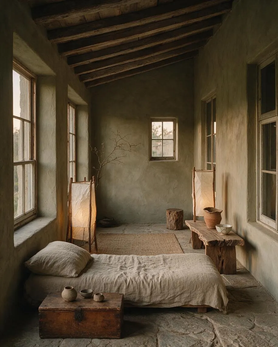 A narrow sunroom with plaster walls, exposed wooden ceiling beams, and tall windows on both sides. The space includes a low linen daybed, rustic wood furniture, paper floor lamps, and simple ceramic pieces in a calm earthy palette.