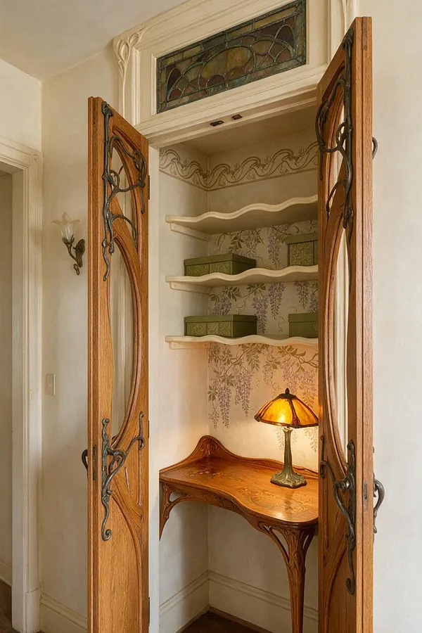 A small Art Nouveau home office alcove with carved wooden doors, an inlaid wood desk, and softly glowing amber lamp. Curved shelves, floral wallpaper, and a stained-glass transom add an elegant, handcrafted feel.