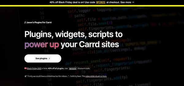 The image features a promotional webpage for Jason's Plugins for Carrd, highlighting a Black Friday deal.