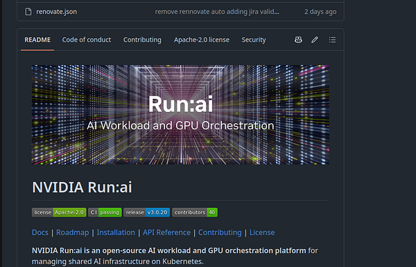 GitHub repository page for NVIDIA Run:ai, an open-source AI workload and GPU orchestration platform.
