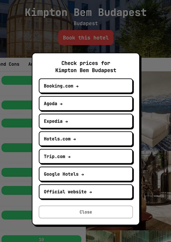 User interface of a booking modal for hotels with fields for start and end dates, room types selection, and booking action buttons.