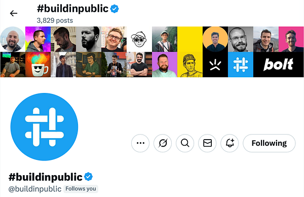 The image displays a Twitter profile page for the hashtag #buildinpublic.