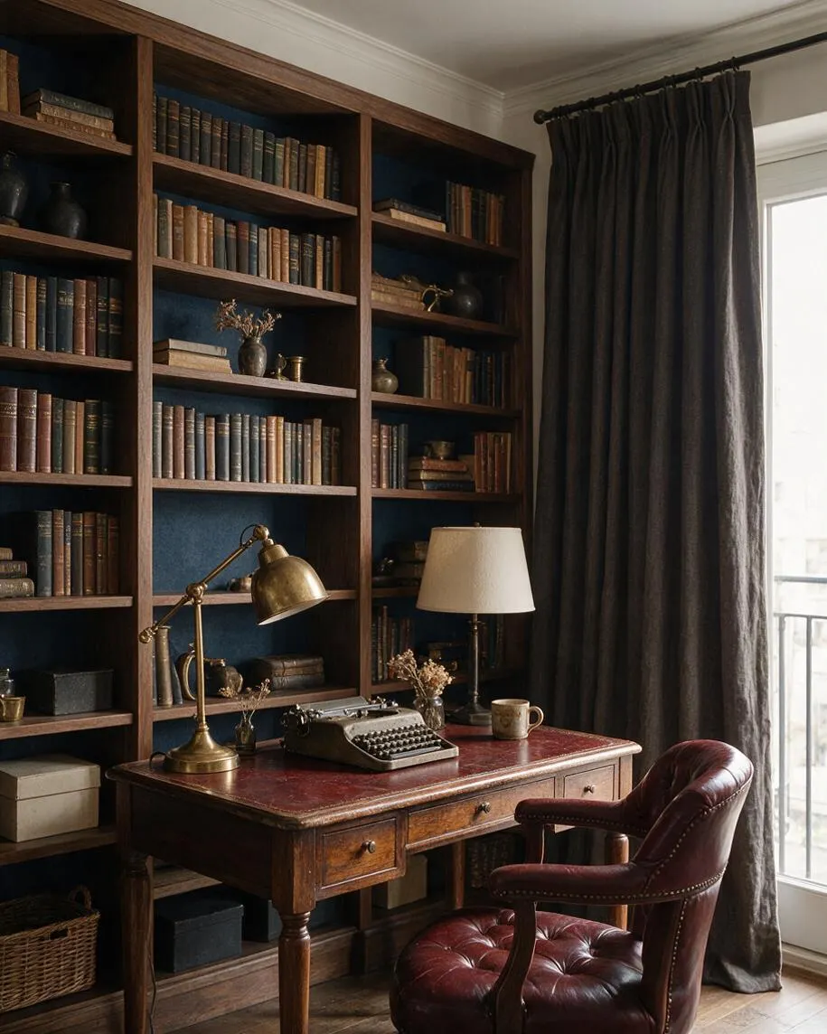 A Dark Academia living room with floor-to-ceiling wooden bookshelves filled with vintage books, centered around a worn wooden writing desk. A brass task lamp, typewriter, and cream-shaded table lamp add an antique study feel, while a burgundy leather armchair and heavy dark curtains by a bright window create a moody, scholarly atmosphere.
