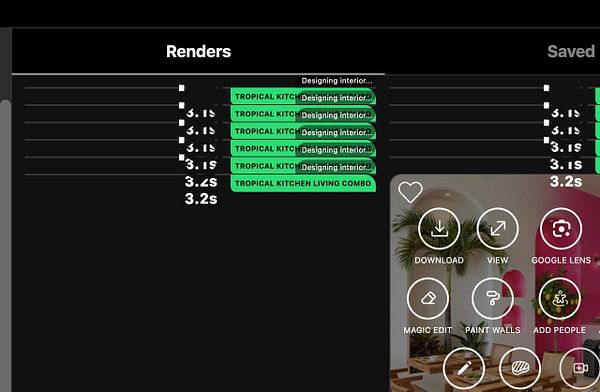 The image displays a user interface for rendering interior design projects with various options and a list of tasks.