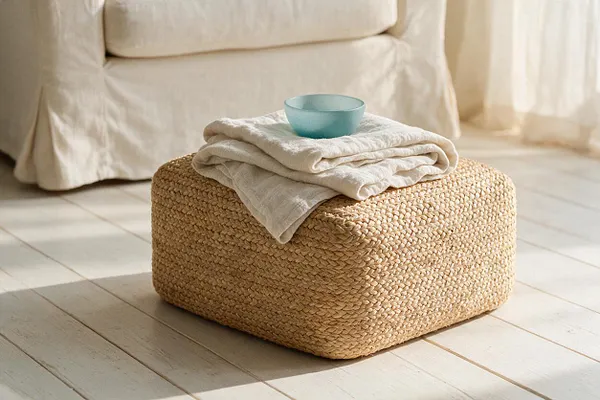 A low rectangular ottoman wrapped in tightly woven natural fiber sits on a pale wood floor, topped with folded cream linen and a small translucent aqua bowl. In the softly lit background, a light slipcovered sofa and sheer curtains reinforce the calm coastal atmosphere.