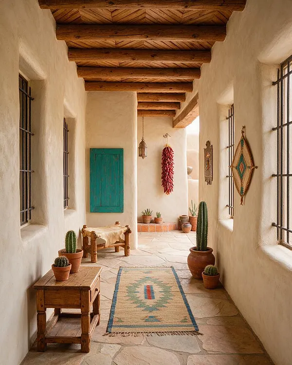 A narrow Southwestern front porch with smooth adobe-style walls, exposed log ceiling beams, and barred windows on both sides. The space includes a turquoise wall cabinet, rustic wooden table and bench, terracotta pots with cacti, woven wall decor, and a patterned runner on a stone floor.