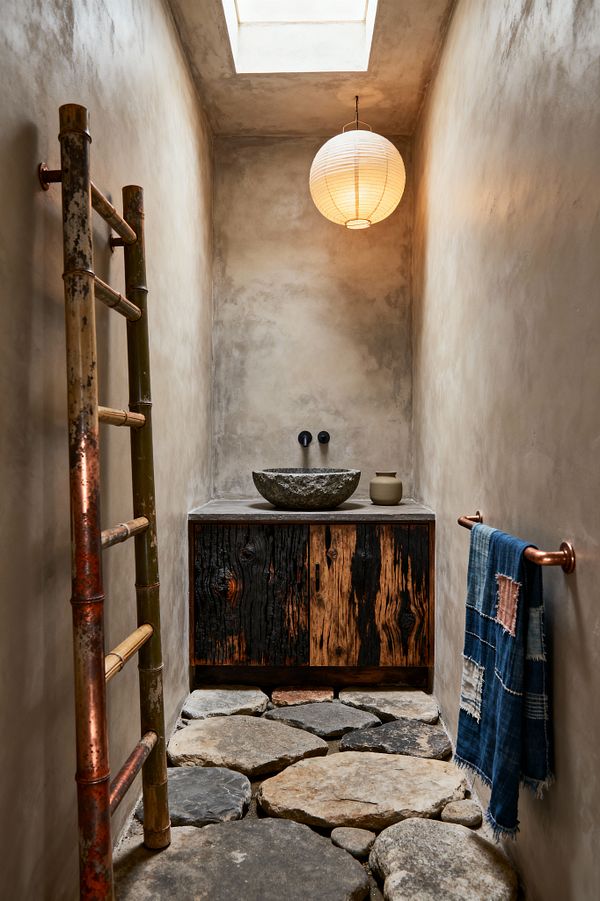 A narrow Wabi-Sabi laundry nook with soft gray lime-plaster walls and a skylight features a warm rice-paper pendant. At the end stands a concrete-topped cabinet with charred-wood doors and a rough stone washbasin with matte black wall taps; a small clay vessel sits beside it. The floor is made of irregular river-stone pavers. A bamboo ladder leans on the left wall and a copper rail on the right holds an indigo patchwork cloth.