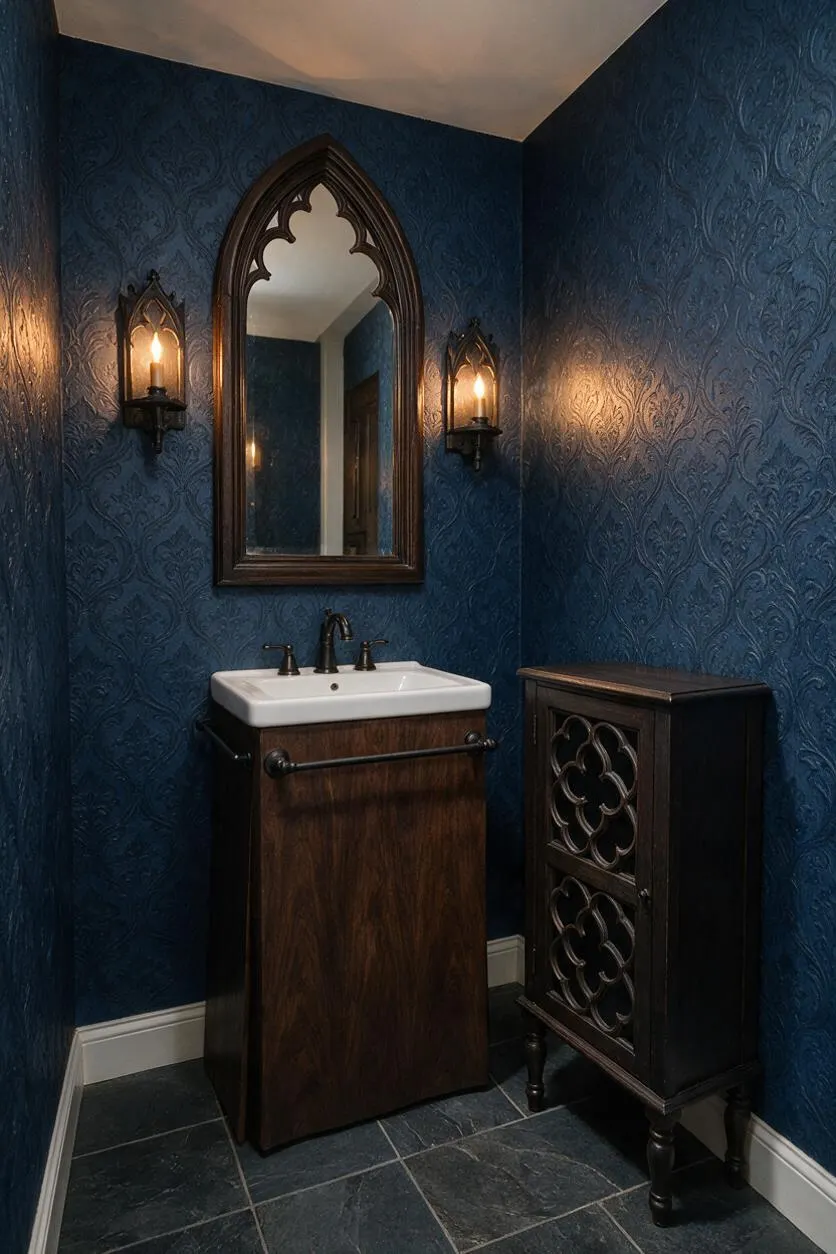 A compact powder room with deep blue patterned walls, a pointed Gothic-style arched mirror, and two warm wall sconces. A white sink sits on a dark wood vanity, with a matching carved storage cabinet and slate-look floor tiles below.