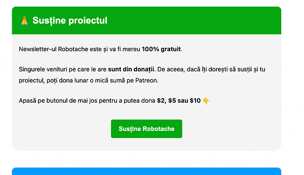 A donation message for the Robotache newsletter encouraging support through Patreon.