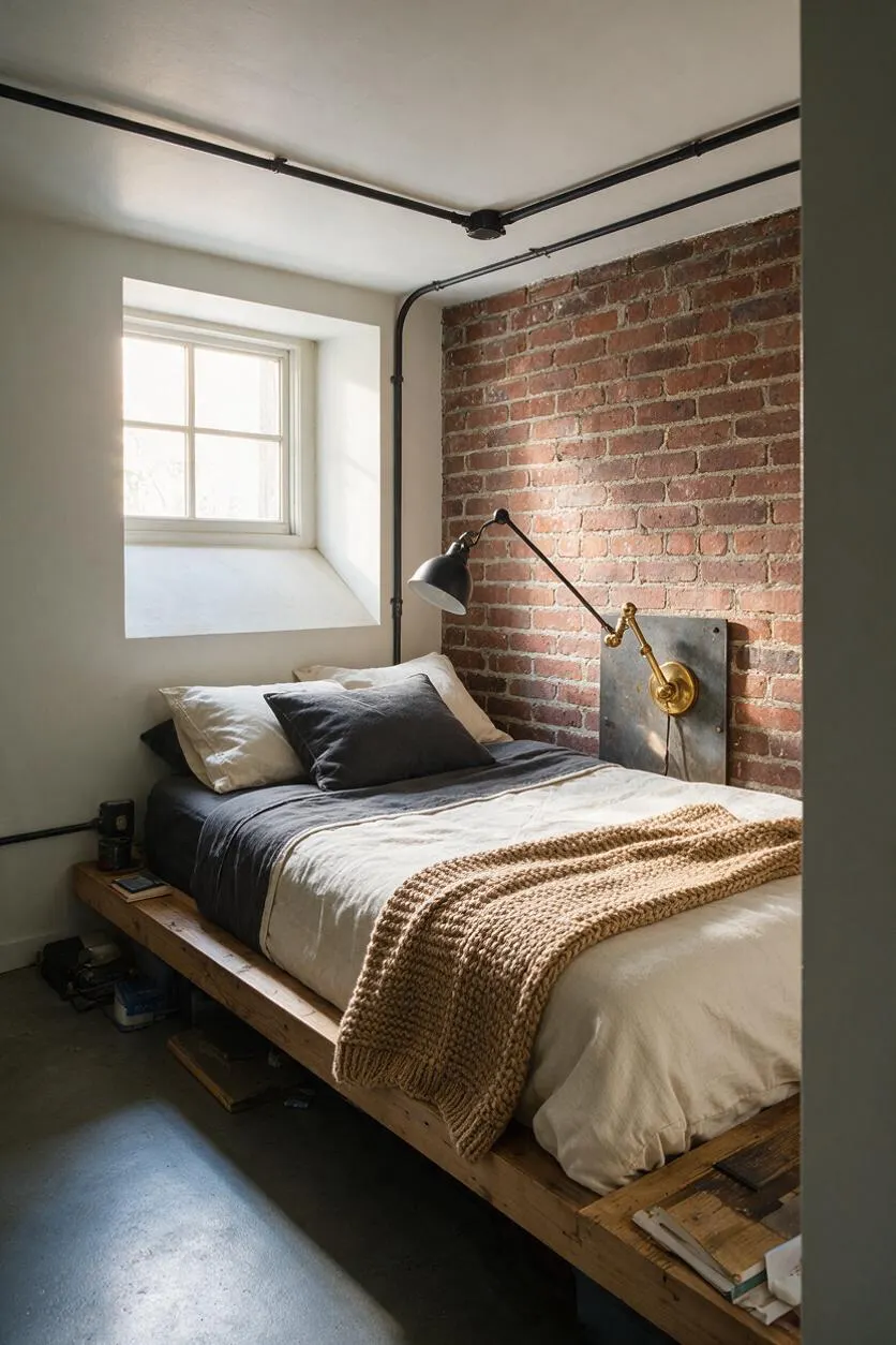 A compact basement bedroom with an exposed red brick accent wall, a simple wood platform bed, and black metal pipework running along the ceiling. A small window brings in natural light, while layered neutral bedding, a knit throw, and an adjustable brass-and-black wall lamp soften the industrial look.
