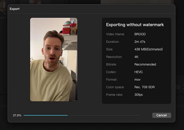 A video export interface displaying a person and export details.