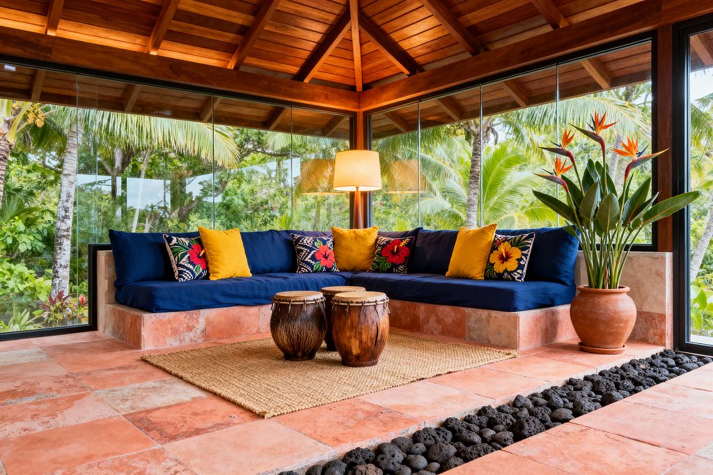 A tropical living room with floor-to-ceiling glass walls and a warm wood ceiling features an L-shaped built-in sofa with deep navy cushions, bright yellow pillows, and hibiscus-print accents. Terracotta tiles, a jute rug, and two carved wooden drums used as a coffee table sit beside a decorative lava-rock channel, while a terracotta pot with bird-of-paradise and a soft floor lamp complete the indoor–outdoor space overlooking palms.
