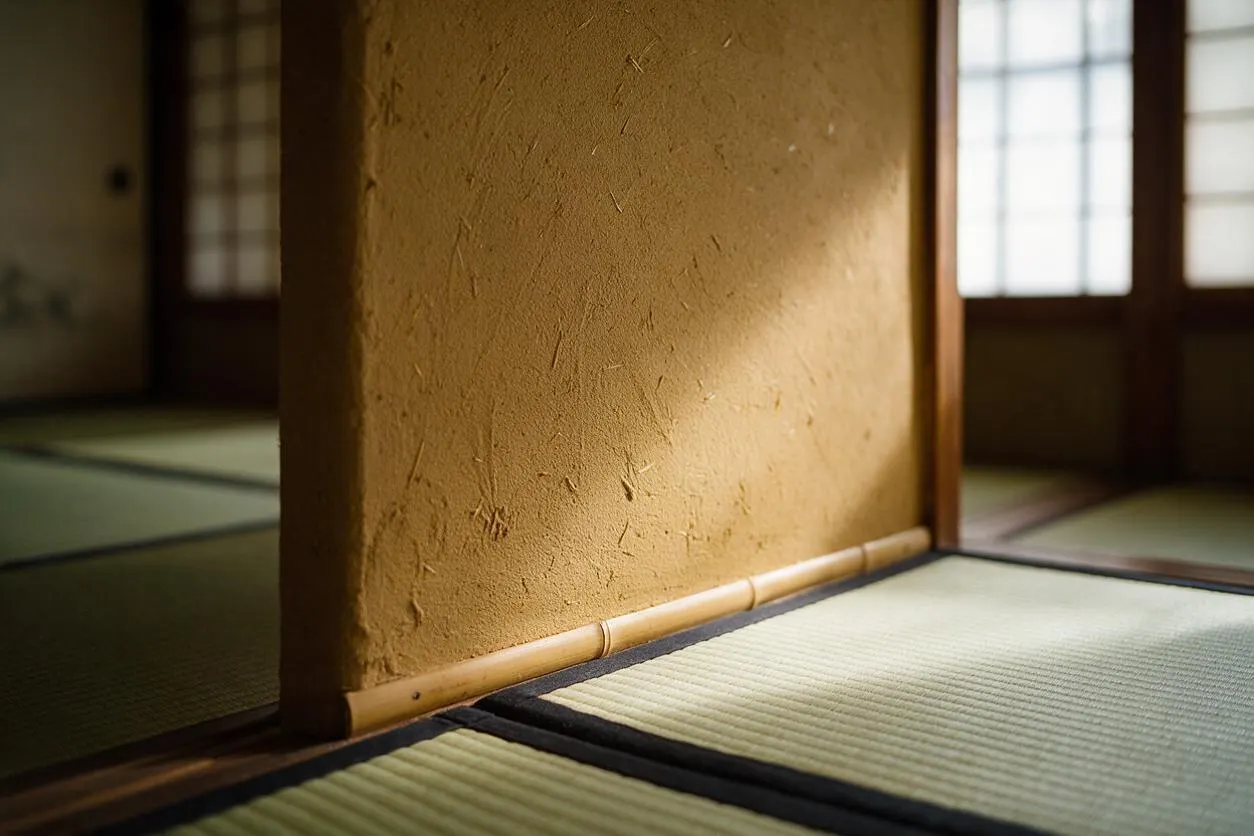 A Japanese Zen interior with a textured earthen plaster wall centered in the frame, bordered by dark wood trim and set above woven tatami mats. Soft daylight enters through shoji-style windows, creating a calm, natural atmosphere.