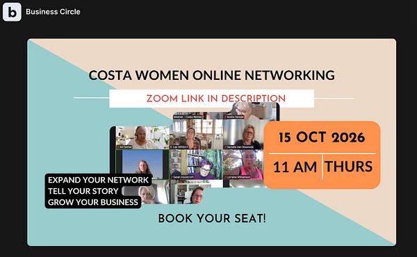 Promotional image for Costa Women online networking event on Zoom, scheduled for October 15, 2026, at 11 AM Thursday.