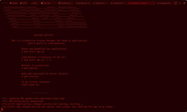 The image displays a terminal interface showing the PM2 process manager in action for Node.js applications.