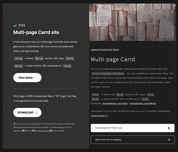 Screenshot of the Multi-Page Carrd resource interface displaying settings for integrating with a Carrd site.