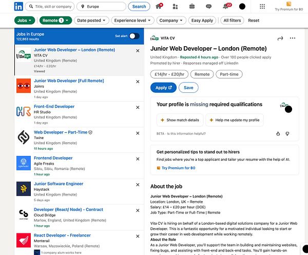 The image displays a LinkedIn job search interface showing various remote job listings in Europe.