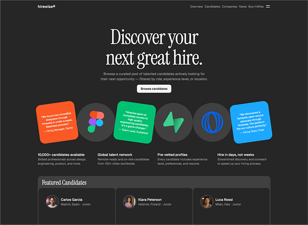 The image displays the Hirewise platform, showcasing its features and featured candidates.