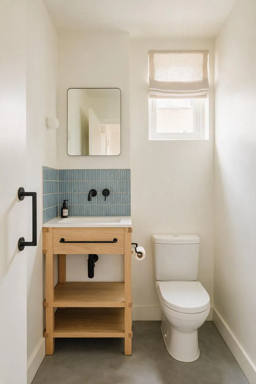 A small Scandinavian-style powder room with white walls, a light oak vanity, a white toilet, and a narrow window with a linen Roman shade. The vanity has a white countertop, matte black faucet and hardware, and a backsplash of slim blue vertical tiles. A simple framed mirror and black grab bar complete the clean, minimalist look.