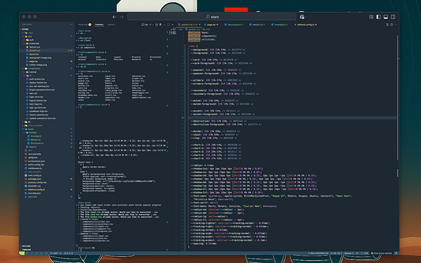 The image displays a code editor interface showcasing a color palette configuration for a project with a dark mode toggle.