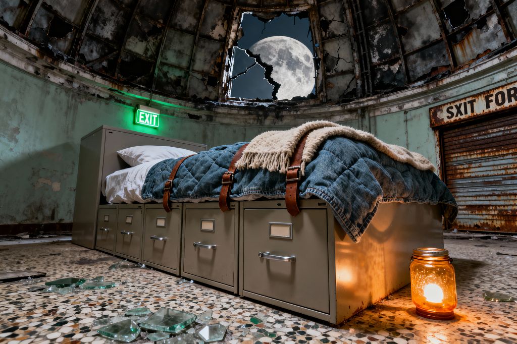 An improvised bed made from beige metal filing cabinets supports a denim-covered mattress secured with brown leather straps, with a cream wool blanket and white pillows. The circular room has peeling mint paint, a rusted roll-up door, and a large broken window framing a bright full moon. Terrazzo floors are scattered with glass shards. A glowing mason jar candle and a green EXIT sign cast warm and cool light across the space.
