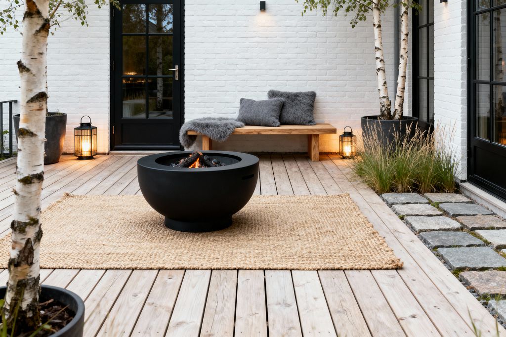 A Scandinavian-style patio features a light timber deck with a woven jute rug and a matte black round fire bowl centered on it. Against a white-painted brick wall sits a simple wood bench with gray faux-fur pillows; black-framed glass doors, metal lanterns with candles, and a small wall sconce cast warm light, while birch trees in black planters and tufted ornamental grasses line the edges.