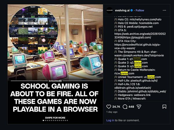 A classroom with retro iMac computers and a list of web-based playable games including Quake and GTA, highlighting the trend of playing classic games in browsers.