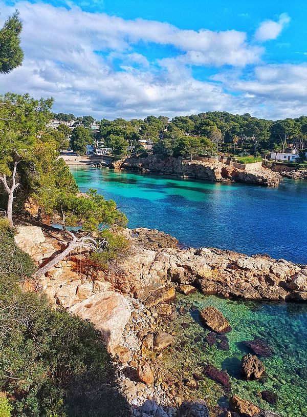 A scenic coastal view featuring clear turquoise waters and rocky shorelines surrounded by lush greenery.