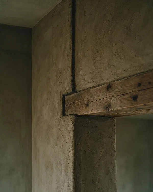 A close-up of a Wabi-Sabi interior detail featuring rough plaster walls in muted earth tones, intersected by a weathered wooden beam with visible knots and grain. The soft natural light and imperfect finishes create a calm, grounded atmosphere.