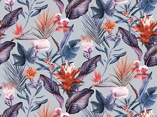 A vibrant floral wallpaper design featuring a variety of tropical plants and flowers.