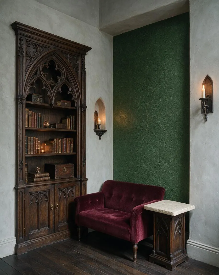 A moody Gothic studio apartment corner features a tall carved oak bookcase with pointed arches and shelves of old books, a deep burgundy velvet loveseat, and dark wood flooring. The walls are finished in pale plaster with a textured emerald-green accent panel, lit by candle-style wall sconces.