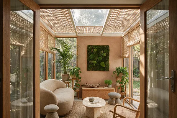 A small backyard room designed in a biophilic style, with wood-framed glass walls, bamboo shades, and a skylit ceiling. Inside are soft beige curved seating, woven and stone-like tables and stools, and many potted plants around a moss wall art panel.