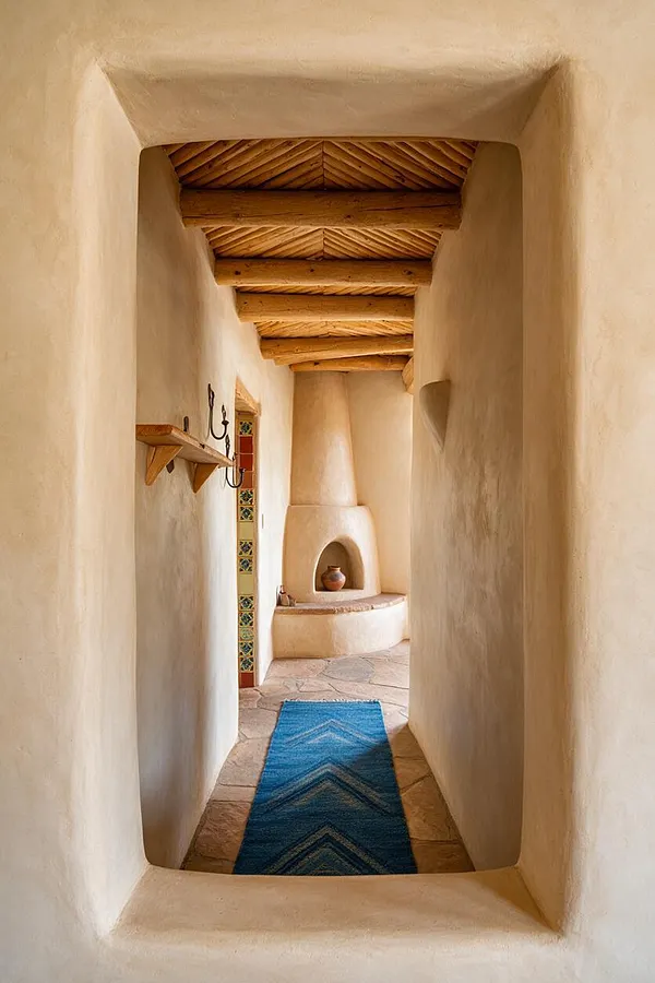 A narrow Southwestern entryway with smooth adobe-style walls, exposed wood ceiling beams, and a stone floor. A blue patterned runner leads to a curved built-in niche fireplace or alcove, while a small wall shelf and decorative tile trim add rustic character.