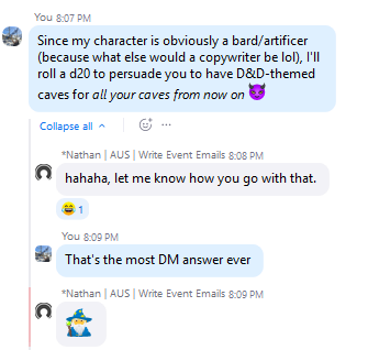 A chat conversation about turning a coworking sprint into a D&D adventure.