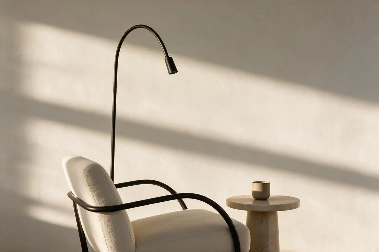 A minimalist corner features a cream upholstered lounge chair with slim black metal arms beside a small round pedestal table in pale stone. An arched black floor lamp rises behind the chair, while warm sunlight casts soft horizontal shadows across the off-white wall.